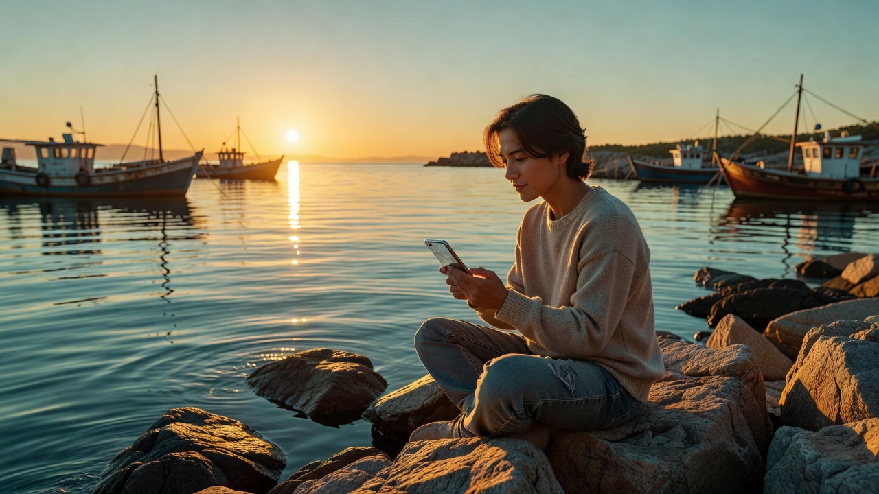 Playing indie mobile games at sunset — sunnyharborway.com editorial